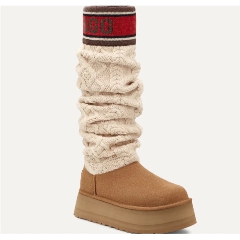 UGG Tan Platform Over-the-Knee Boot with Cream Knit Shaft and Red Accent